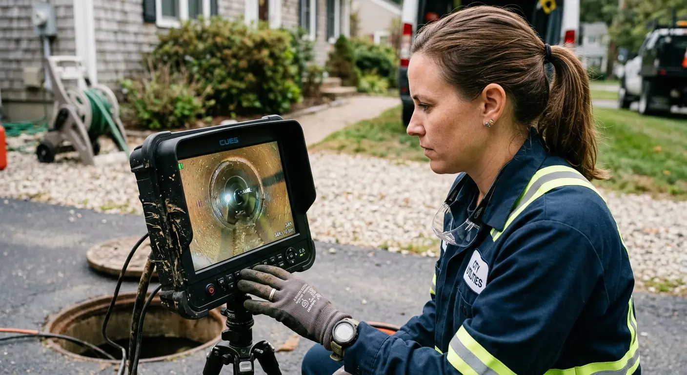 Technician reviewing sewer camera inspection footage in Allen