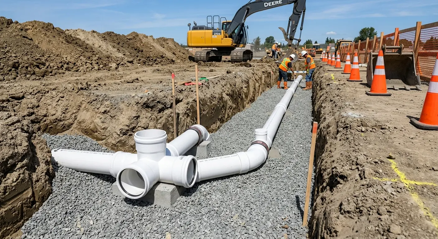 New PVC sewer pipe installation in open trench for Commercial Drain Cleaning in Allen